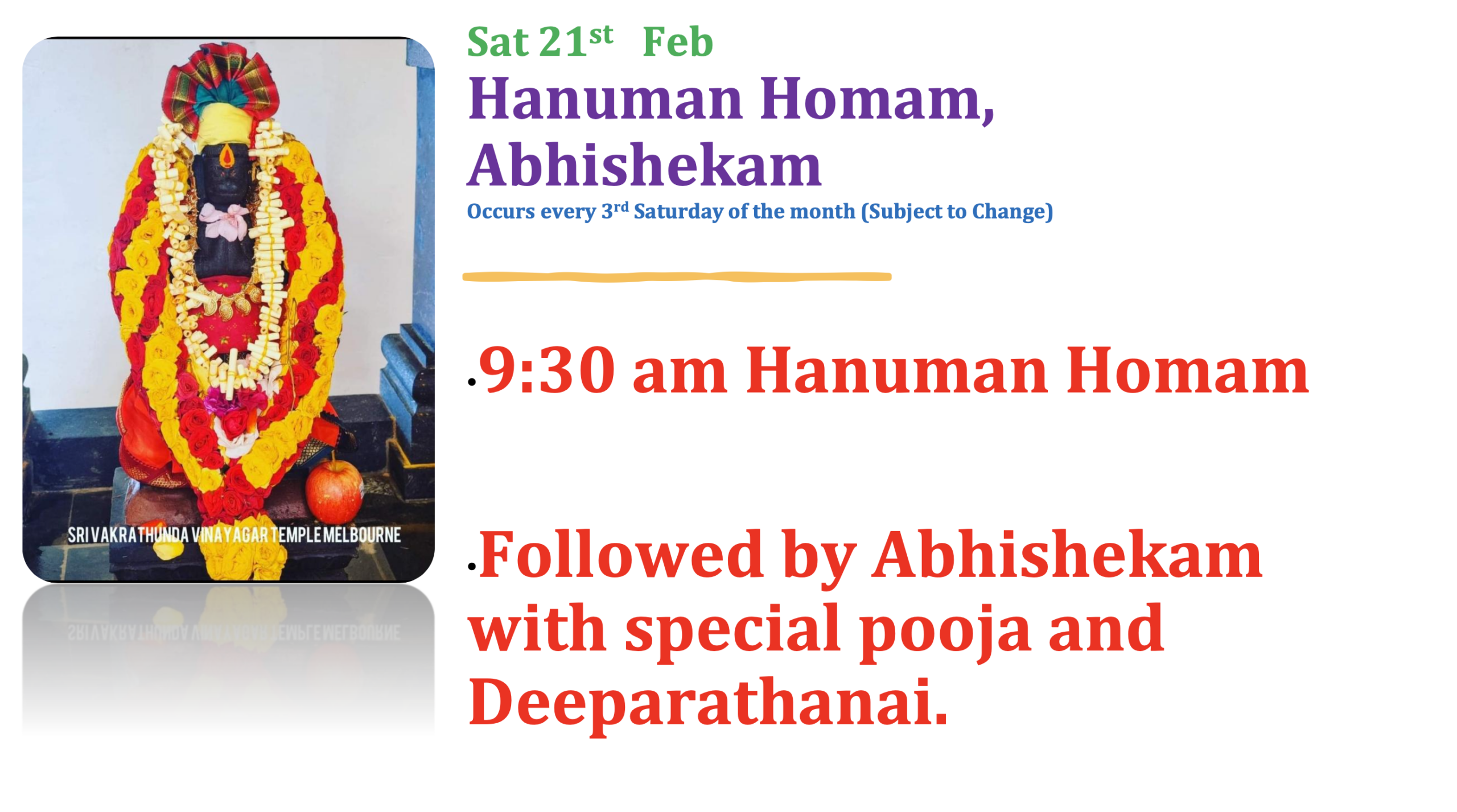 Sat 21st Feb – Hanuman Homam, Abhishekam